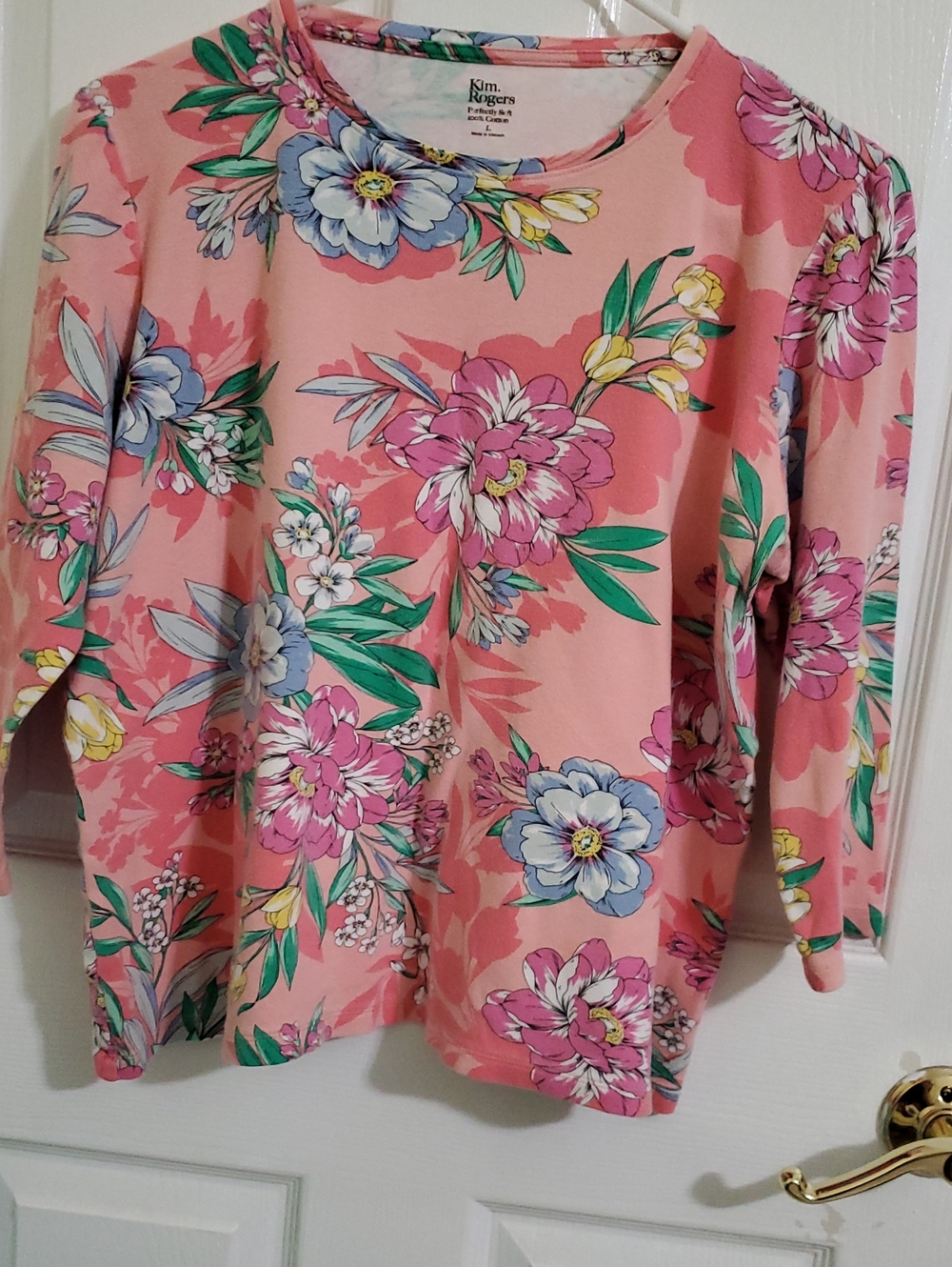 Kim Rogers Colorful Pink Floral Crewneck 3/4 Sleeve Cotton Knit Top L